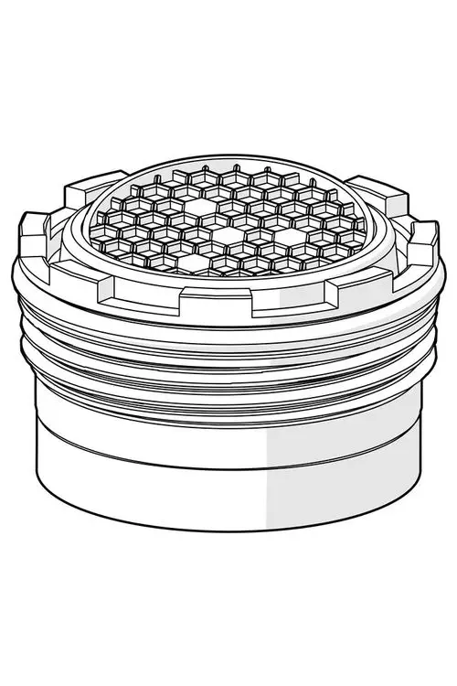 Luftsprudler mit einem strukturierten Deckel, verwendet in Wasserhähnen, gefertigt von HANSA. Das Design zeigt eine runde Form mit einem gitterartigen Muster auf der Oberseite.
